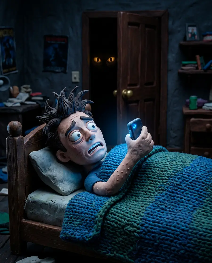Figura de plastilina aterrada en su cama mirando el celular; unos ojos ámbar lo observan desde el clóset